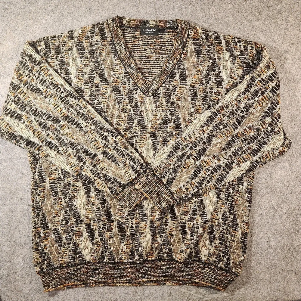 Riscatto Sweater Mens Large Brown Multi Color V‎ Neck Knit Made Italy Textured